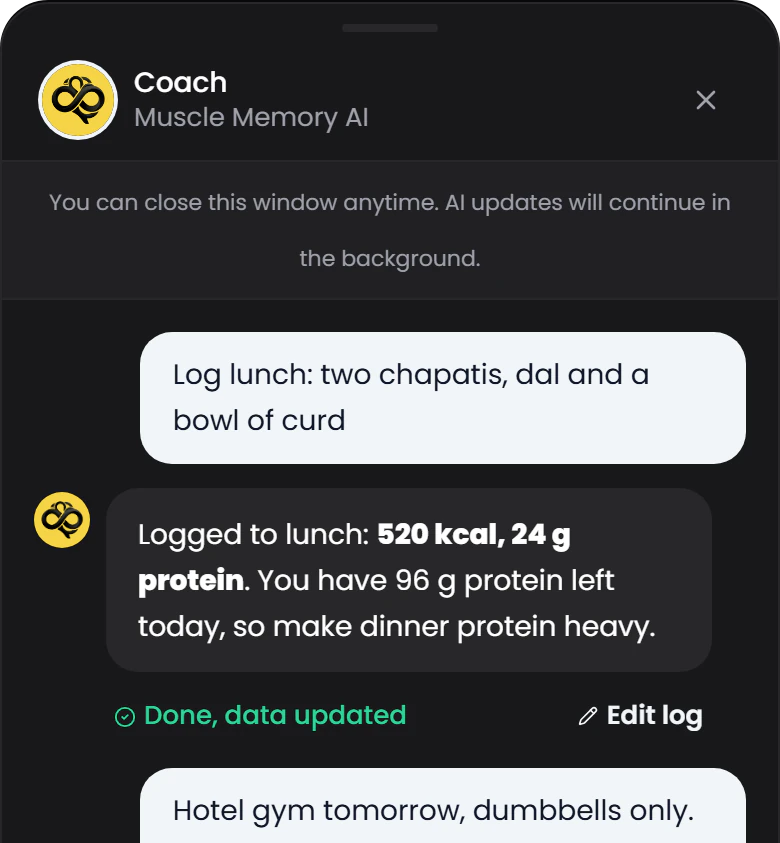 Coach chat: asked to log two chapatis, dal and curd, the coach logs 520 kcal and 24 g protein to lunch and marks the data updated.