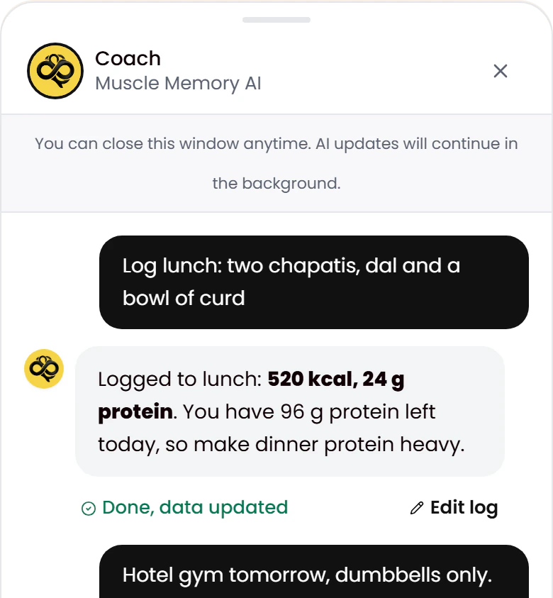 Coach chat: asked to log two chapatis, dal and curd, the coach logs 520 kcal and 24 g protein to lunch and marks the data updated.