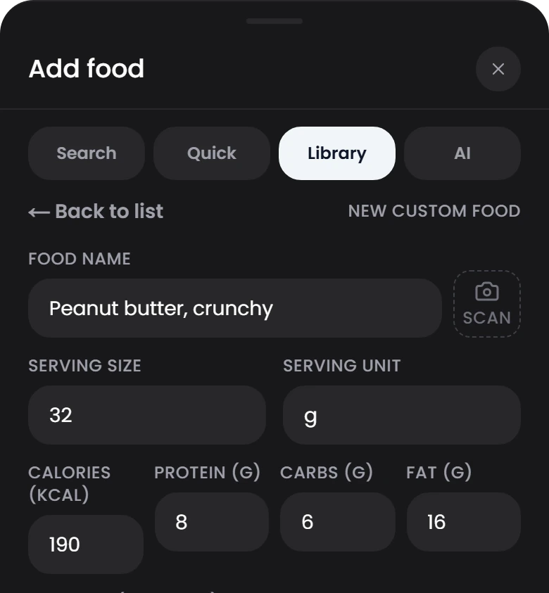 Add food form filled from a label scan: crunchy peanut butter, 32 g serving, 190 kcal, 8 g protein, 6 g carbs, 16 g fat.