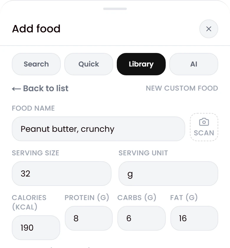 Add food form filled from a label scan: crunchy peanut butter, 32 g serving, 190 kcal, 8 g protein, 6 g carbs, 16 g fat.