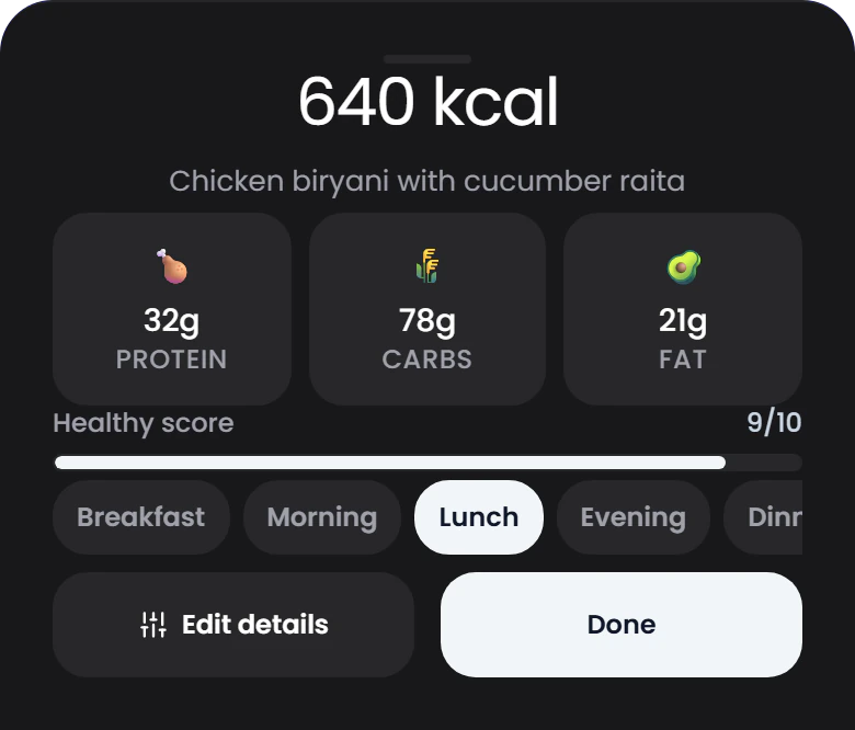 Photo scan result: chicken biryani with cucumber raita, 640 kcal, 32 g protein, 78 g carbs and 21 g fat, set to log as lunch.