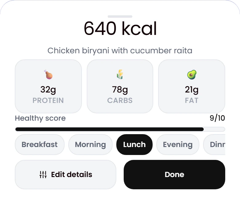 Photo scan result: chicken biryani with cucumber raita, 640 kcal, 32 g protein, 78 g carbs and 21 g fat, set to log as lunch.